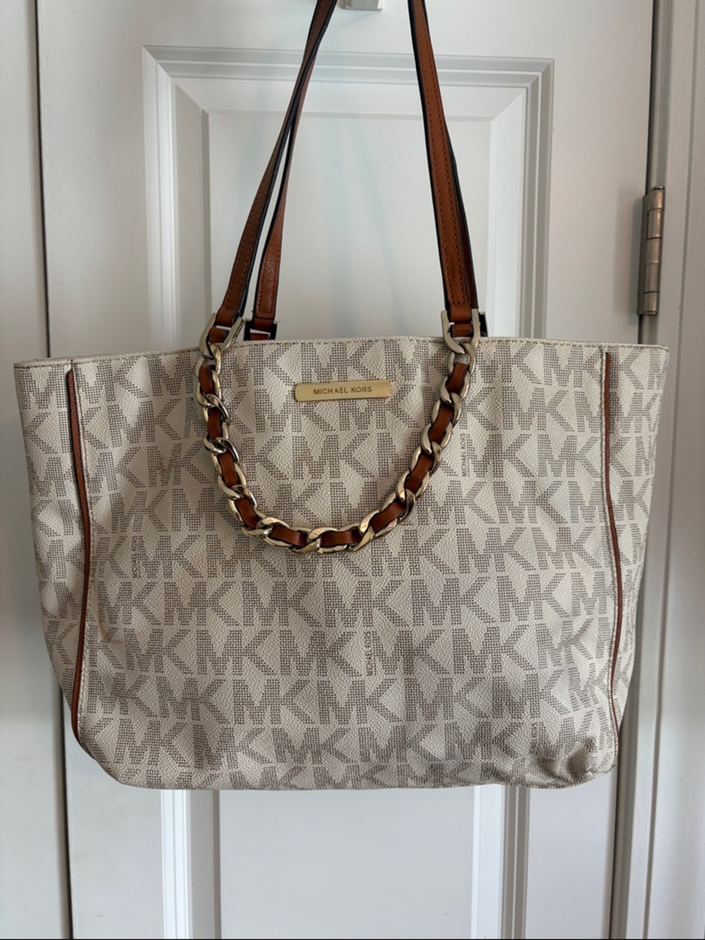 Michael Kors Cream Signature MK Tote with Brown Leather Straps
